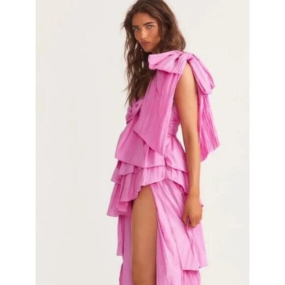 $795 LoveShackFancy Pink Raylene Tiered Pleated Bow High Low Maxi Dress 6 - Picture 3 of 16